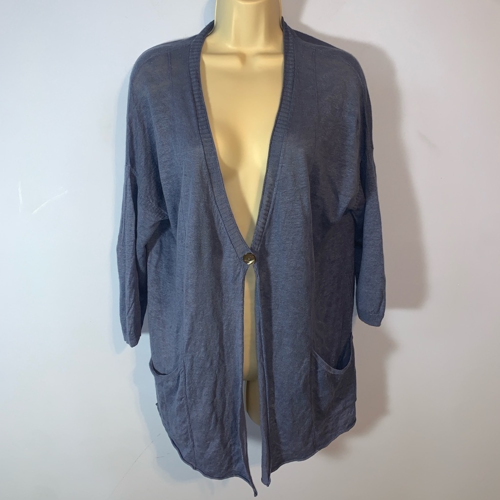 Poetry Slate Blue light 100% linen Cardigan Sweater single button pockets med